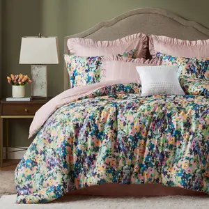 Modern Abstract Floral Comforter Set Breathable Cotton Soft Microfiber Reverse Farmhouse Cottage Decor