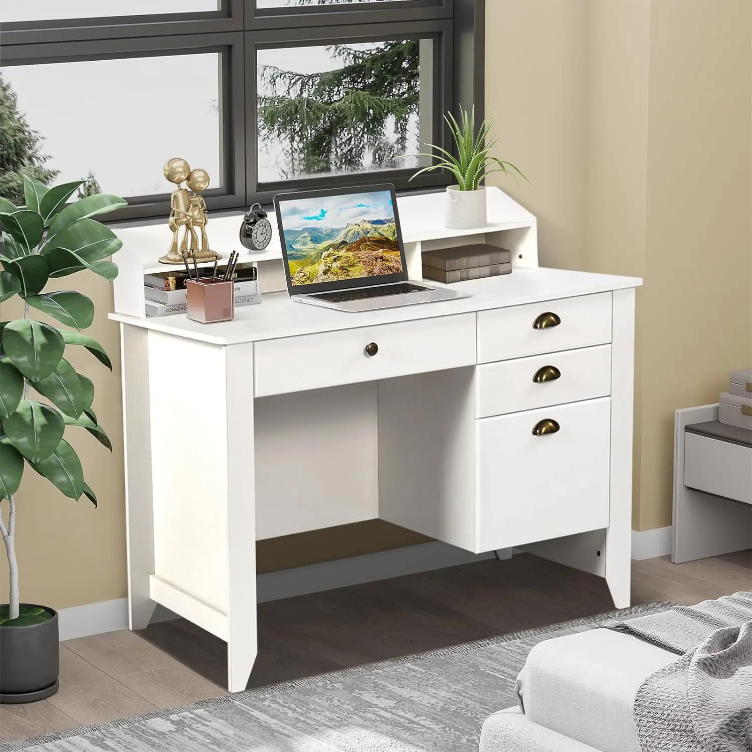 [Summerwins] HOMBCK White Desk with Drawers and Hutch, with Storage Shelf, Computure Desk, Home Office Desk, for Small Space #summer garden,fathers day gift ideas
