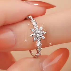 S925 Sterling Silver Goddess Snowflake Crystal Ring,Features Six-pointed Star Snowflake Design With 5A Grade Zirconia,Gift For Christmas,Birthdays