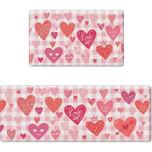 AMM Valentine's Day Kitchen Rugs Set of 2, Love Heart Pink Plaid Kitchen Mats for Floor Anti Fatigue, Valentines Kitchen Decor, Non Slip Cushioned Memory Foam Kitchen Mat for Anniversary Wedding