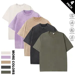Menswear Short-Sleeve Round Neck T-Shirts, 1/4 Pack Unisex Oversized Baggy Fit, Heavyweight Cotton, Vintage Stylish Plain, Acid Wash, for Gym