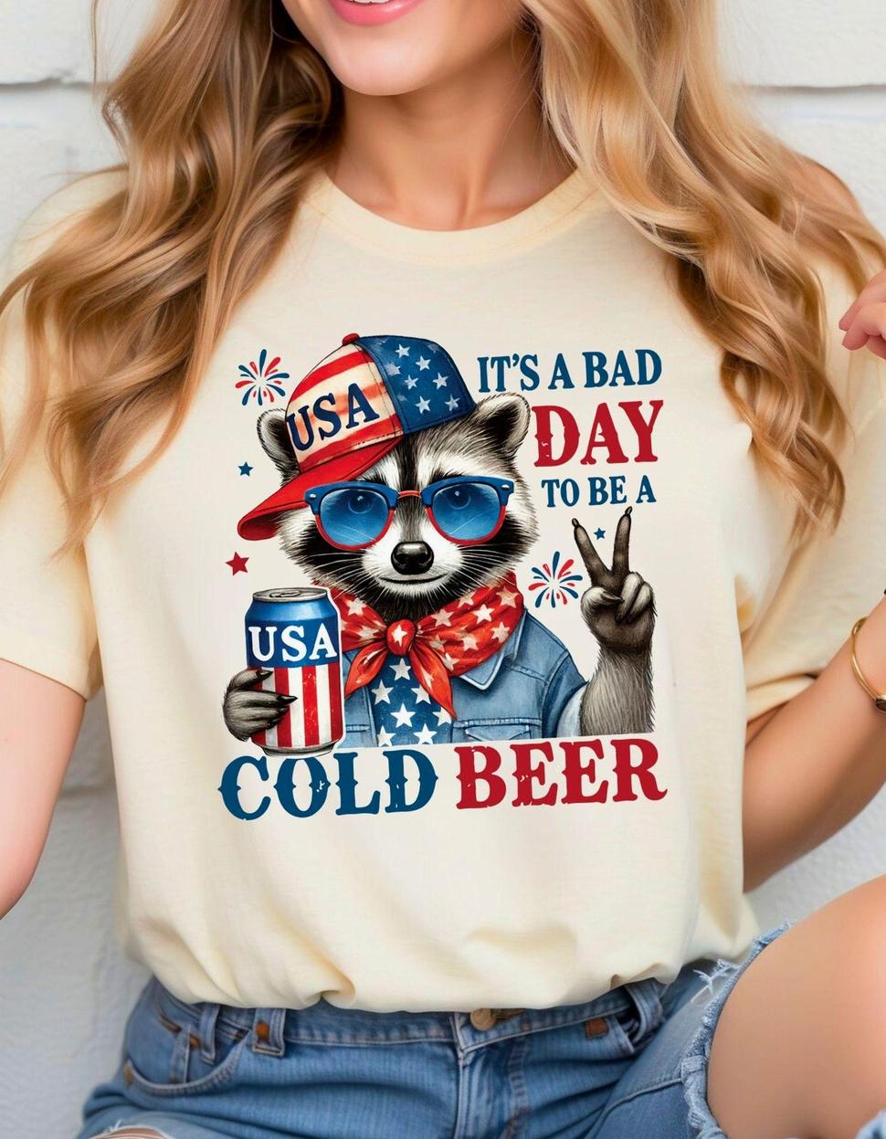 4th of July Beer Raccoon T-Shirt, Funny Patriotic Sublimation , Cold Beer USA Shirt, Red White Blue Animal Clipart