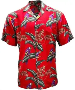 Vintage-Style Red Satin Hawaiian Shirt – Tropical Parrot & Palm Leaf Print – Vibrant Summer Camp Collar Button Down