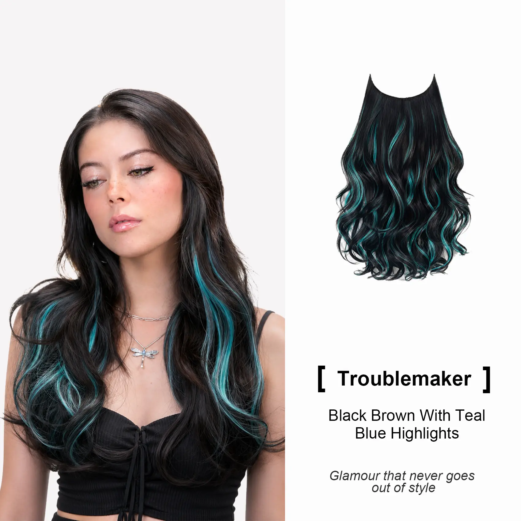 20-in Layered Clip-in Hair Extensions, Invisible Piece in Black Brown with Teal Blue Highlights for Women, Extensions Hair, Highlights Hair, Layered Look