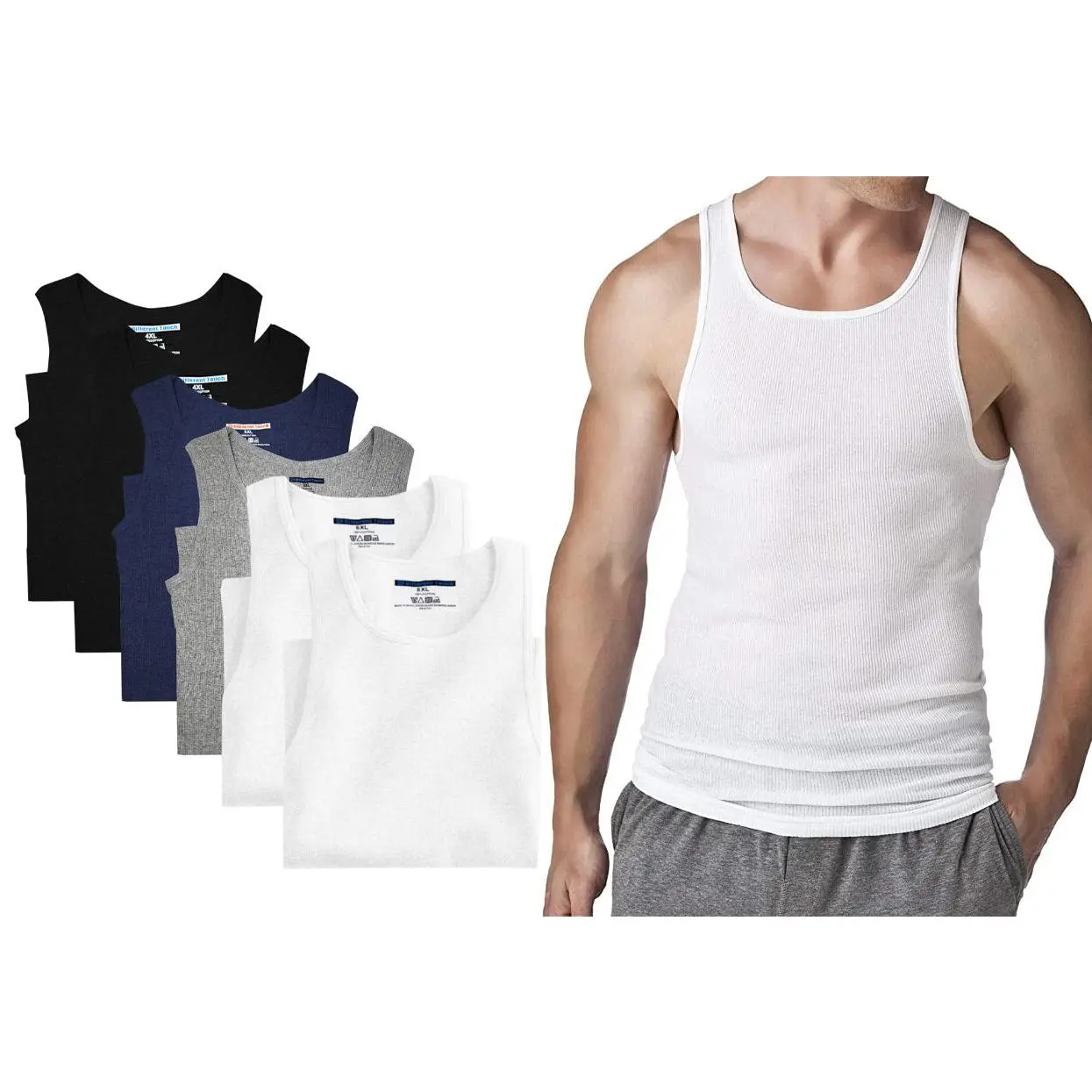 Men's Long Smooth Cotton Fabric Muscle Ribbed Undershirt Tank Tops, Big & Tall (6 Pack) - Menswear Essentials, Classic