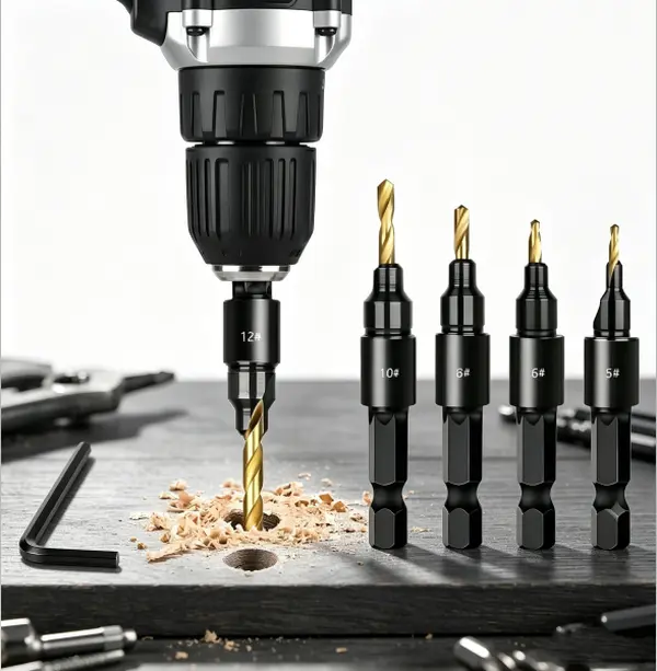 5 PCS Adjustable Countersink Drill Bit Set with Hex Key, #5/#6/#8/#10/#12 Sizes, Depth Stop, Centering, Groove, Integrated Cylindrical Design, 30% Faster Chip Removal, Woodworking Tools for Wood, PVC Board Drilling