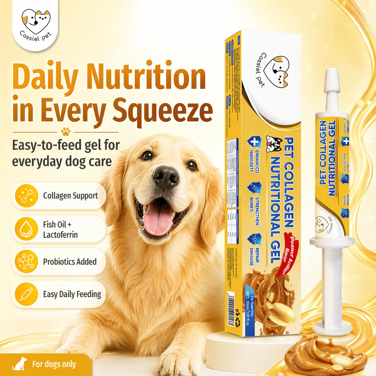 Cassiel Pet Pet Nutrition Gel, Daily Wellness, Shiny Coat & Energy, Supports Digestive Health, Essential for Dogs, Electrolytes Gel for Beach Camping Hiking, Peanut Butter Flavor, Dog Lover, Pet Nutrition