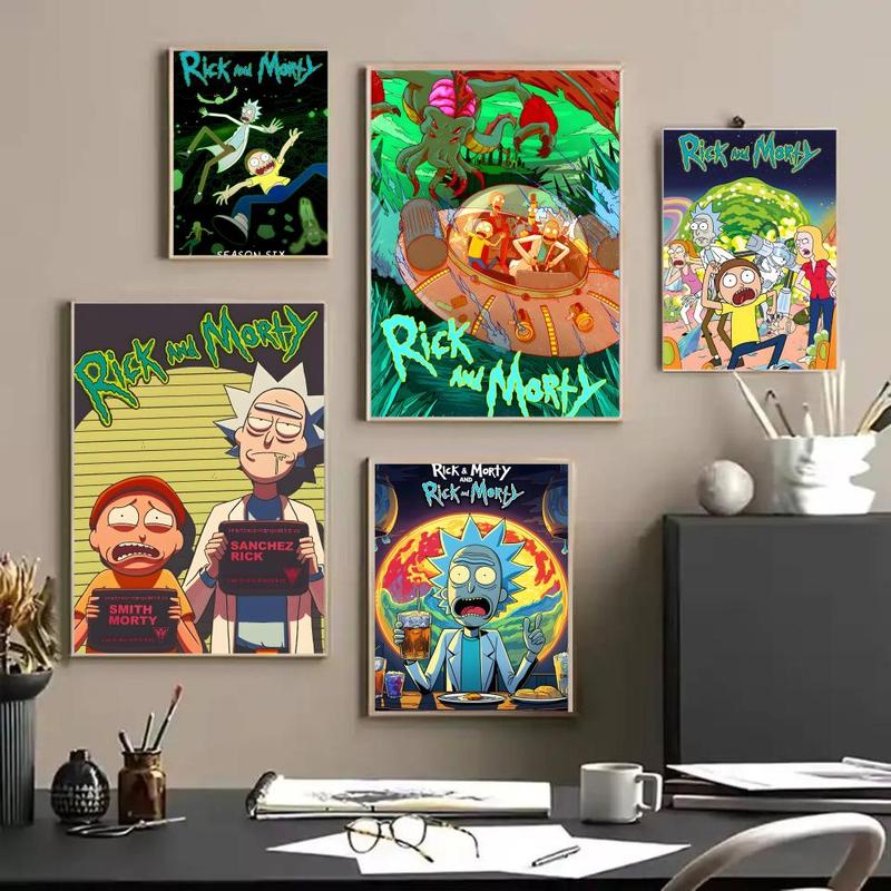 Vintage Cartoon Anime R-Rick And M-Morty Painting Calligraphy Fashion Canvas Wall Art Poster, Modern Aesthetic Waterproof Print, Fade-Resistant & Scratch-Proof Texture, Trendy Home Decor for Living Room Bedroom Office, Multiple Sizes