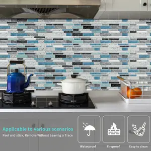 12/24/48PCS Thin-Strip Teal-Gray Stone-Look Wall Stickers | PVC Crystal Film | Waterproof Oil-Proof Self-Adhesive for Kitchen Bathroom |(XY-HTP) Peel And Stick Wallpaper Designs