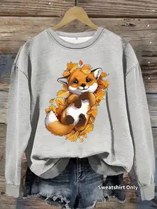 Women's Casual Fox & Leaf Print Pullover Sweater, Soft Long Sleeve Round Neck Sweatshirt, All-Season Comfort Fit Top