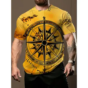 Men's 3D Digital Printed Vintage Compass Rose T-Shirt, Nautical Map Graphic Tee with Mare Tuscum Text, Lightweight Breathable Polyester Crew Neck Short Sleeve Shirt for Daily Casual Wear