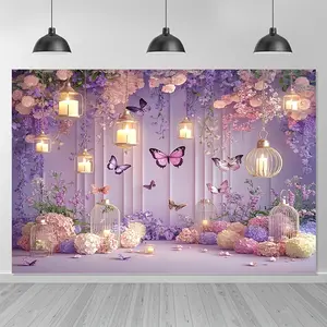 2D Flat Stylish Birthday Backdrop, Purple Ribbon and Pink Flowers Design, Polyester Festive Decor for Party Outdoor Scene Embellishment, Photo Booth, Party Banner