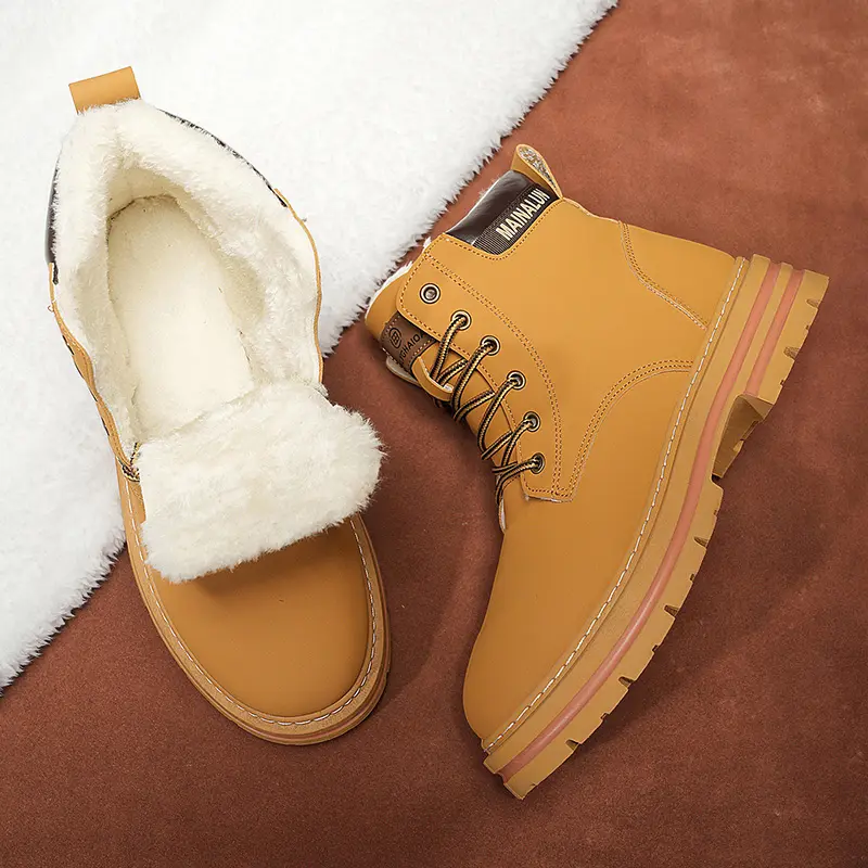 Men’s All-Terrain Textured Lace-Up Ankle-High Sports Shoes – Beige/Tan/Tortoise Color Options, High-Top Warm Fleece-Lined Men’s Snow Boots, Brown Laces & White Soles, All-Weather Traction, Lace-Up Skate Shoes for Hiking