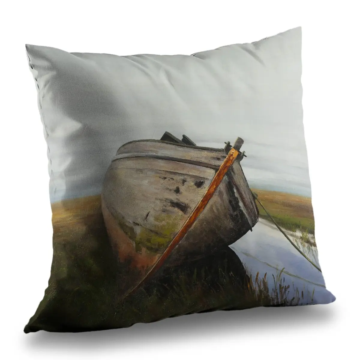 360 Stand 14x14 in. Polyester Throw Cushion - Orange Poly Twill Fabric Pillow with Unique Abandoned Boat in Swamp Artwork, 360-Degree Stand, Textile Home Decoration Accent, Throw Cushions, Polyester Cushion, Room Decorations