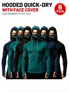 Men's athletic hoodies, Sun protection hooded tops with face mask, available in sets of 6 or 5 or 3; quick-drying long sleeves, high elasticity, breathable and comfortable fabric—ideal for working in sunlight, outdoor hiking, fishing, and sports wear