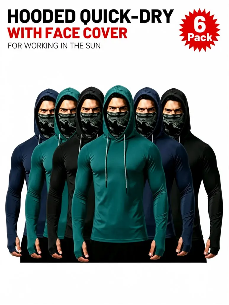 Men's Athletic Hoodies - Sun Protection Hooded Tops with Face Mask, Quick-Drying Long-Sleeve, High-Elasticity Breathable Fabric, Available in 6/5/3-Piece Sets, Ideal for Outdoor Sun Work, Hiking,back to school,back to school shopping, Daily Wear Sportswea