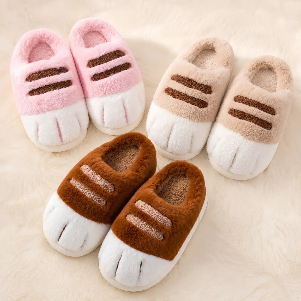 Womens Fuzzy Cat Paw Slippers Cute Animal Plush House Shoes Warm Comfy Indoor Slip On Slippers