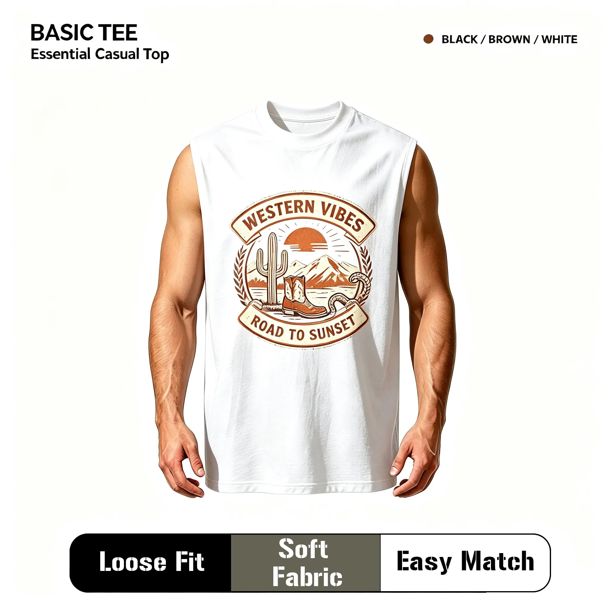 Men's Western Cowboy Ribbed Tank Top - Retro Desert Print Relaxed Fit Soft Breathable Summer Streetwear & Gym Tee, Crewneck, Menswear Outdoor Essential (Black Cargo Shorts, White Round Neck Tropical Socks Included), Loose Fit