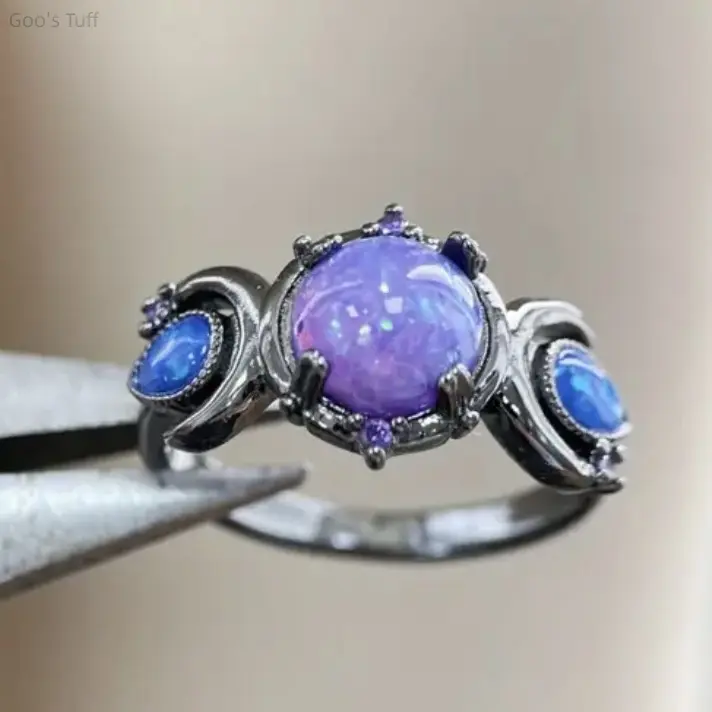 Women's Gunmetal Matte Dark Tone Crescent Finger Band Ring - Statement Costume Jewelry with Iridescent Shimmer Opal Stone - Ideal for Party, Daily Outfits