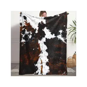 1pc Plush Cowhide Texture Blanket - Ultra-Soft Brown And White Animal Print, Suitable For All Seasons Sofa, Bed, Camping Blanket - Modern Home Decor-30*40in
