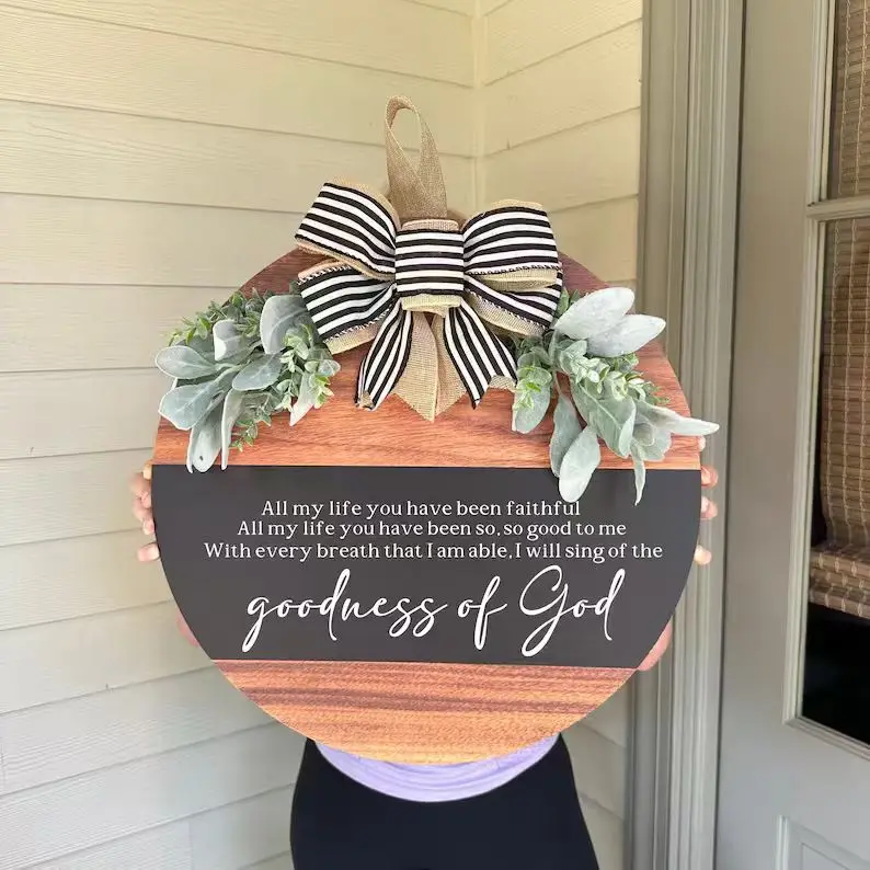 Christian Round Wooden Religious Door Hanger - 11.8 in Greenery, Goodness of God Bible Verse Sign, Smooth Lightweight Farmhouse Daily Decoration, Pre-Hung Rope Inspirational Porch Gift for Entryways