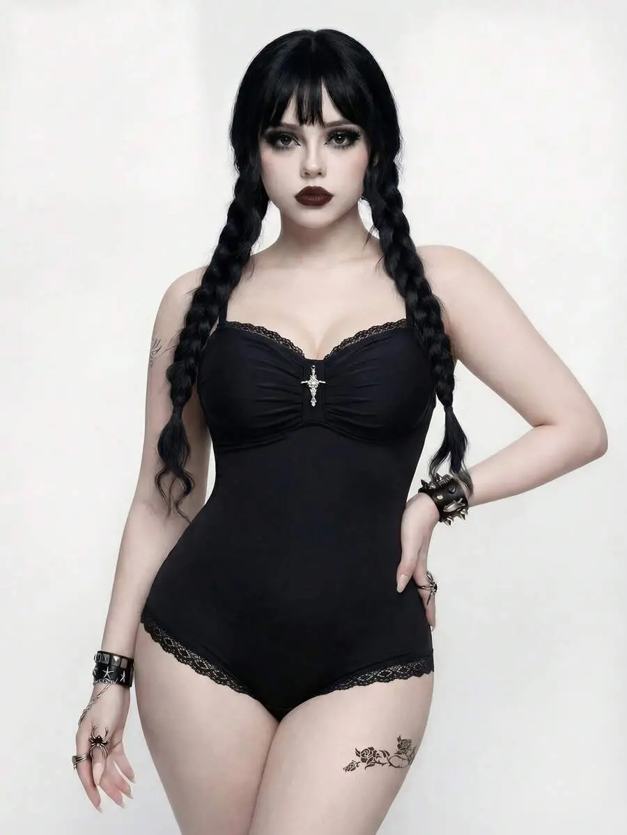Goth Plus Size Women One-Piece Swimsuit, Sexy Lace Trim Summer Vacation Swimwear