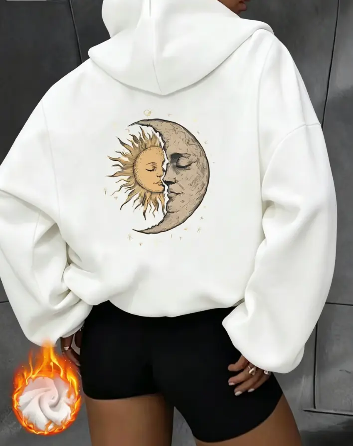 Vintage Sun Moon Face Kiss Celestial Back Print Cotton Outer Fleece Lined Hoodie, Mystical Bohemian Casual Pullover Hooded Sweatshirt, Daily Holiday Gift