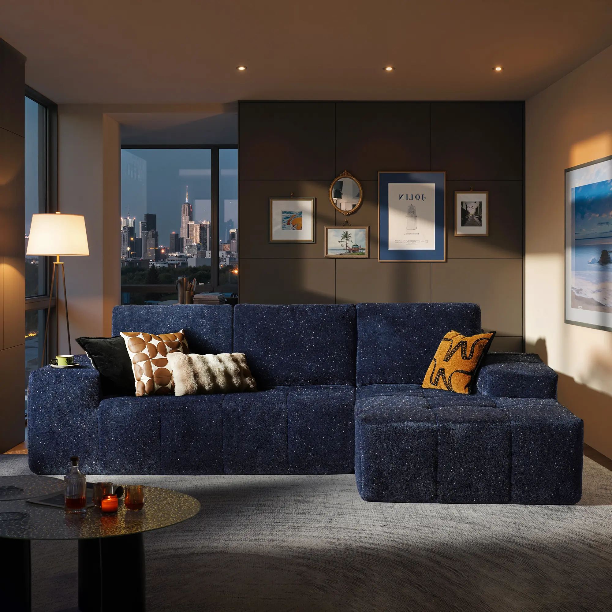 114" Galaxy Blue Shimmer Plush Right Chaise