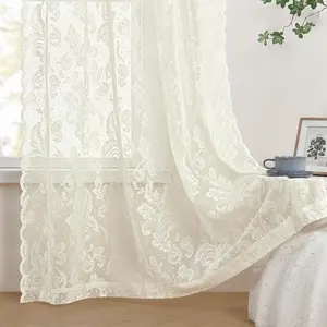 Lace Curtains 63 Inch Length 2 Panels Set Victorian Floral Curtains for Living Room Bedroom Rod Pocket Light Filtering Lace Fabric Curtain for Small Window Drapes Cream Neutral Decor, 52x63