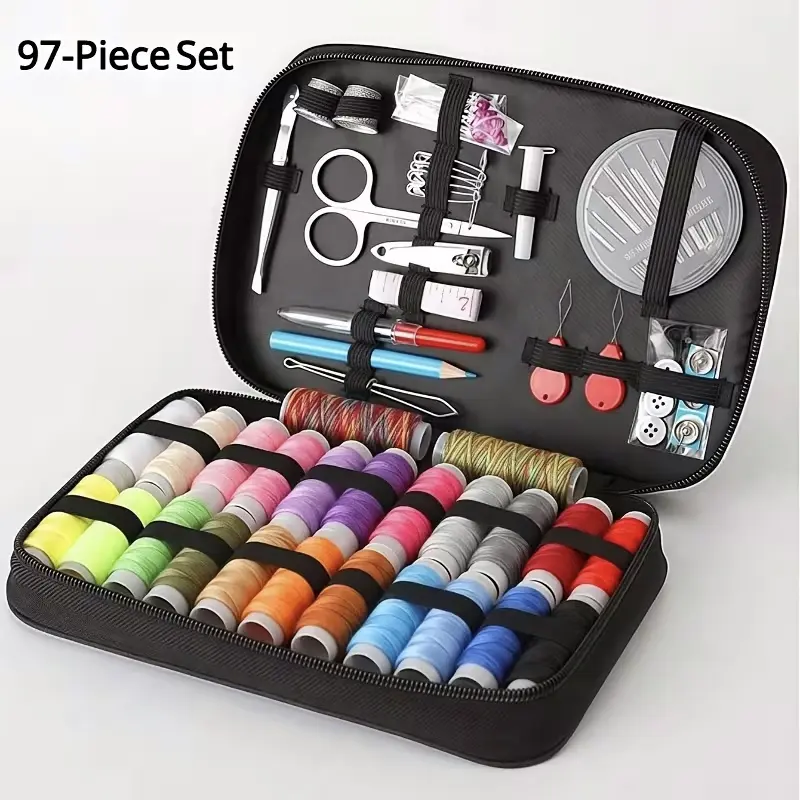 27-97 Piece Large Assorted Sewing Kit for Beginners & All Ages - Compact 20.7 × 14.5 × 3Cm Portable Emergency Needle & Thread Set with Plastic-Fabric Case, Unisex Home Organizer for Daily Garment Mending, Housewarming Gifts