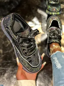 Full Rhinestone Velvet Sneakers, Thick Sole Height-Boosting Board Shoes, Trendy Sports Shoes, Fashionable Comfortable Footwear
