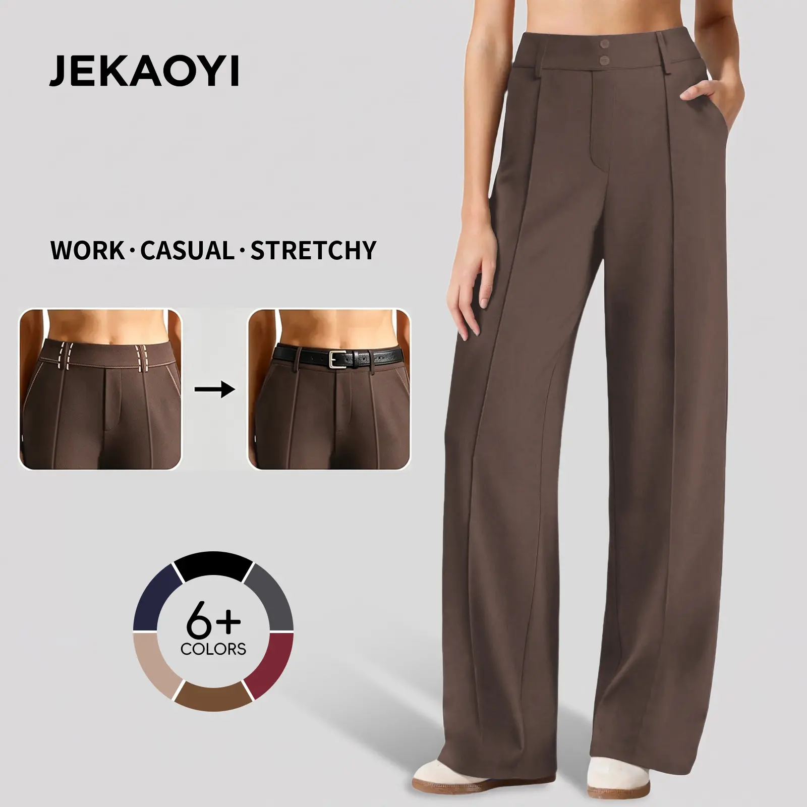 JEKAOYI Straight Leg Dress Pants for Women Ponte Yoga Pants with Pockets Lightweight Stretch Casual Lounge Pants Loose High-Rise Waist Full-Length Design Side Pockets 80% Polyester 20% Spandex - Bottom.