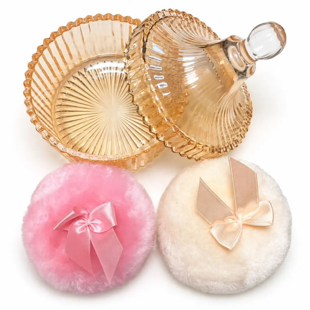 4" Large Glass Makeup Powder & Body Powder Jar Set with 2 Soft Fluffy Puffs, Multi-Purpose Cosmetics Storage Container for Home Bathroom
