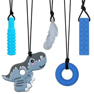 BY-FAN32 Chew Necklaces for Sensory Boys and Adults,  Sensory Necklace for Kids with ADHD, SPD, Teething, Biting Needs, Silicone Chew Necklace for Autism Kids Reduce Fidget, Toddler Adult Chew Necklace 5 Pack (Grey)