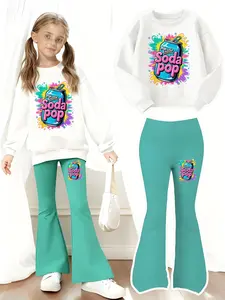 Halloween Christmas for Girls, Cool Drink Bottle Print Two-Piece Set, Casual Outfit Set, Casual Sports Hoodie and Flare Pants, Comfortable Stretch Pants for Kids Fall & Winter, Must-Have Set for Indoor Leisure Activities, Girl Clothes School
