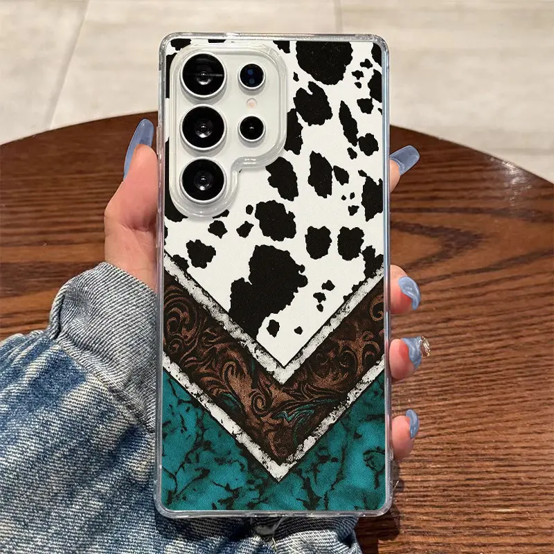 Color-Blocked Cow Print Acrylic Smartphone Cover - Phone Accessories for Samsung Galaxy S26 S25 S24 S23 S22 S21 S20 FE Plus Ultra Edge S10E A57 A56 A55 A54 A37 A36 A35 A34 A26 A25 A24 A23 A17 A16 A15 A14 A07 A06 A05s Note20 Note10 Note9