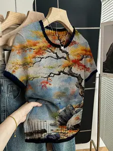 Women's New Chinese Ink Wash Landscape Print Knit Sweater T-Shirt, Round Neck Short Sleeve, Casual Breathable Knitted Top for Spring Summer Fall