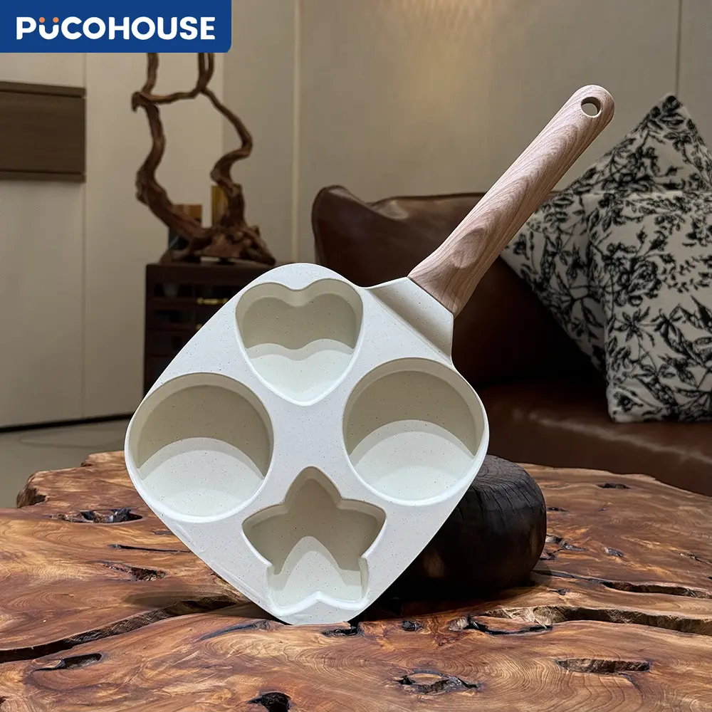 PUCOHOUSE 4-Hole Nonstick Maifan Stone Multi-Egg Cooking Pans & Woks - 7.48 in Kitchen Cookware Skillet, Wooden Handle, Star/Heart Shape, Dishwasher Safe, Ideal for Mini Burgers, Mid-Year Fan Exclusive, 50 Units Left
