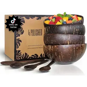Coconut Bowl Set with Wooden Spoons - Handcrafted  Acai Bowls, Yogurt Bowls & Smoothie Bowls - Ideal for , Cereal & Snacks (4, Polished)