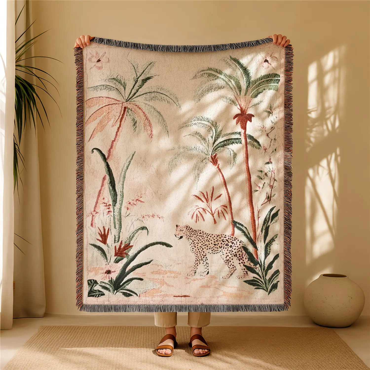 Coconut Leopard Pattern Bohemian Yarn Jacquard Woven Blanket with Tassel, Thick Soft Washable Blanket, Used for Home Decor Sofa Chair Bed Tapestry Tablecloth Floor Garden Picnic Outdoor Camping, Soft Warm Throw, Leopard Print Blanket, Boho Blanket
