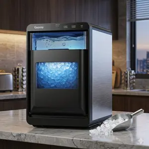 Ice Cube Maker Countertop, 44lbs per Day Portable Pebble Sonic Ice Machine with Soft Chewable Ice for Home, Kitchen, Office, RV, Camping, Stainless Steel, Black, Goosiay