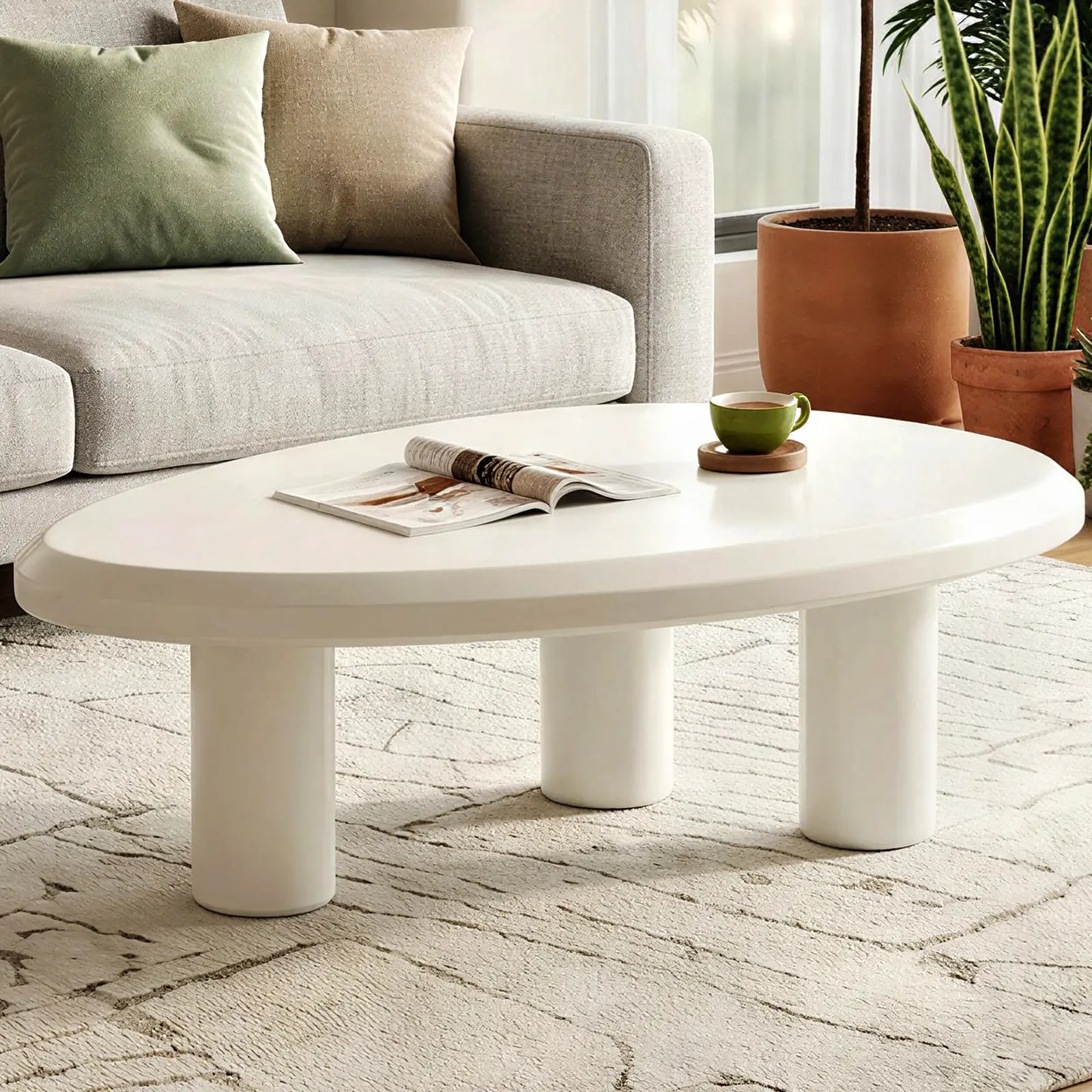 Guyii Modern Irregular Triangle Coffee Table Off-White Minimalist Design with Cylindrical Legs Curved Edge Stable 3-Leg Support Safety Rounded Corners for Living Room Bedroom Office