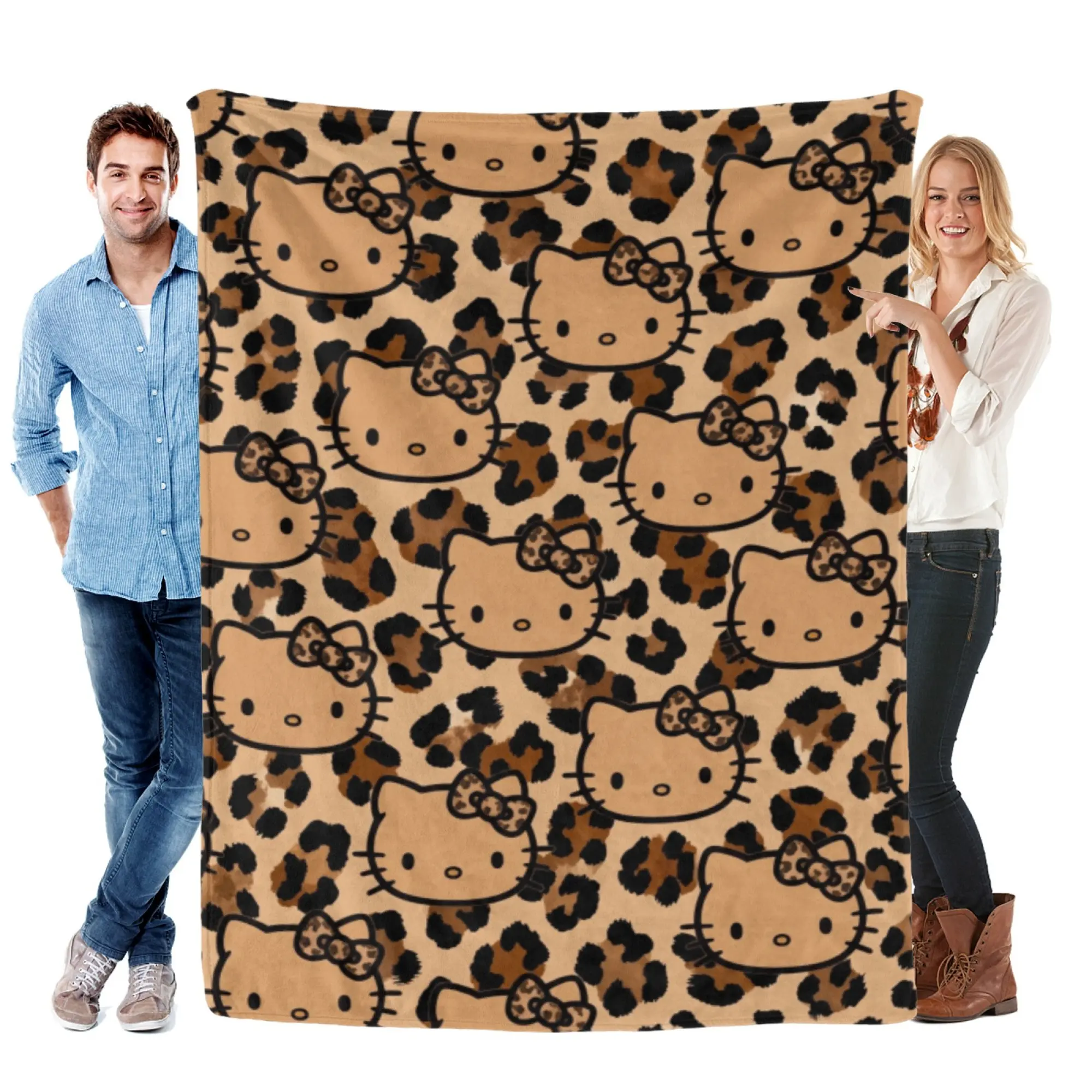 [SummerVibes] SANRIO Hello Kitty Soft Flannel Blanket, Y2K Leopard Print 2D Pattern, Cozy Chic Throw for Couch, Bed & Room Decor