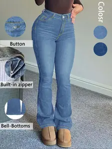 Women's Solid Color Tight Casual Denim Jean Flare Pants, Natural Waist Button Front Design, All Season Fashion Pants with Pockets