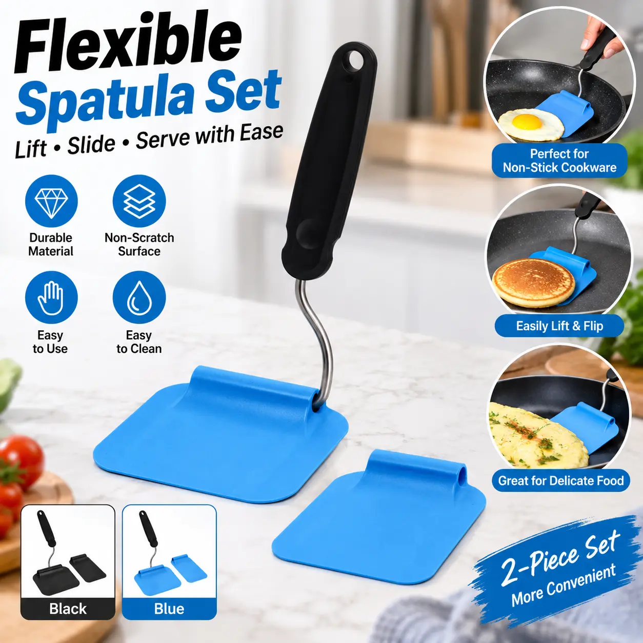Spatula with adjustable angles, a must have kitchen gadget!  Kitchen accessories should serve a purpose!  Perfect for Air Fryers, griddles and everything in-between! Includes 2 Spatula heads made from PPSU - BPA/BPS and PFAS free.  Non-Toxic