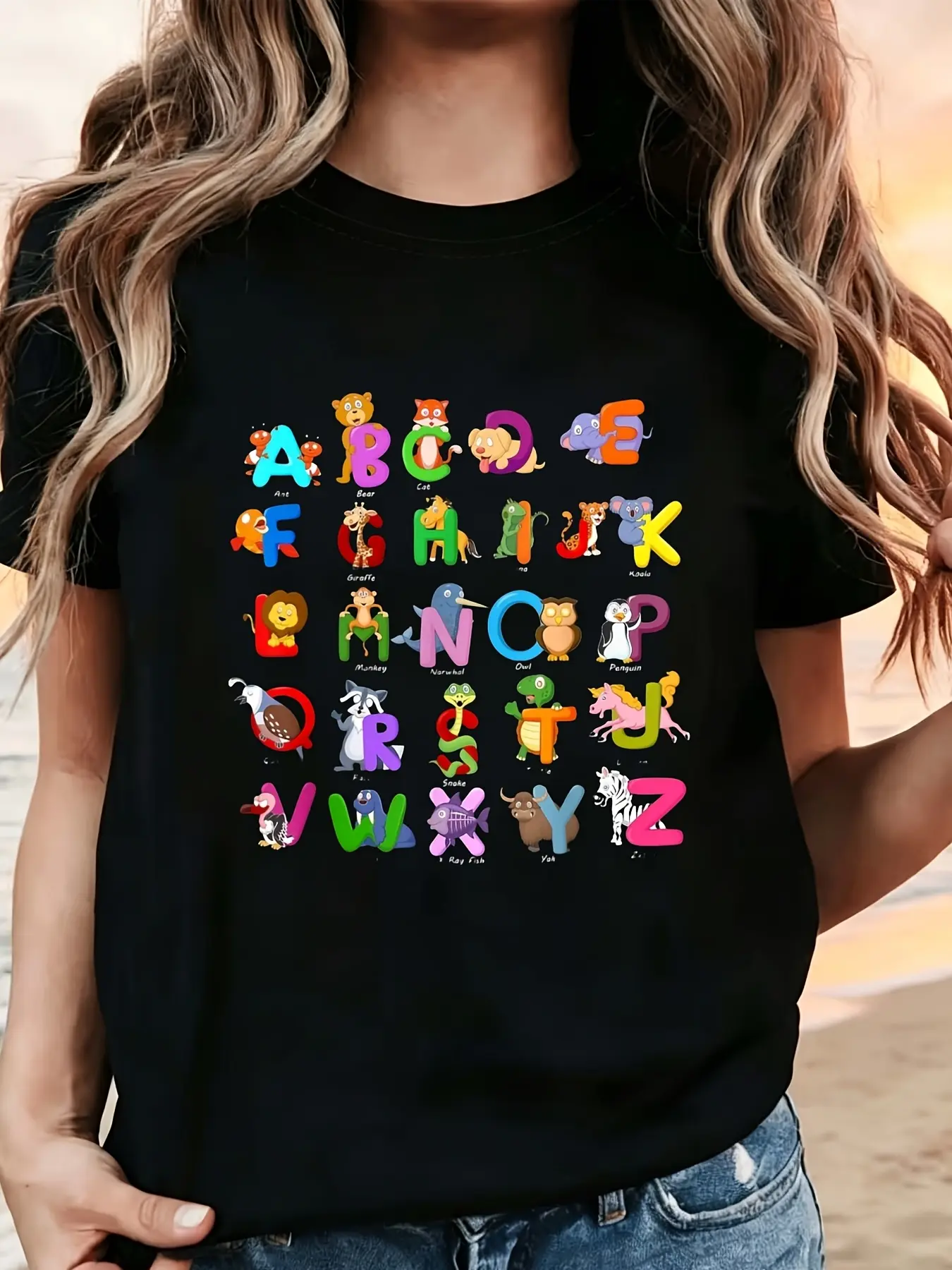 Alphabet Animal Abcs Learning Kindergarten Teacher unisex soft cotton short sleeve t shirt, vintage graphic casual tee for men women teens, perfect birthday holiday gift for camping travel gym daily street  wear