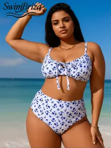 Briza｜High Waisted Bikini In White And Blue Floral Styled For High Waisted Bikini Sets And Two-Piece Swimsuit Bathing Suit, Plus Size Swimwear Plus Size Swimsuits With Tummy Control Swimwear For Vacation Swimwear For Women To Feel Confident