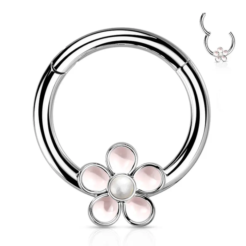 316L Surgical Steel Hinged Segment Flower Septum Ring In 16 Gauge