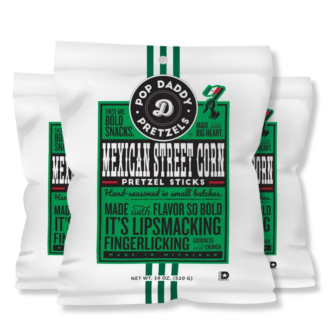 Pop Daddy Flavored Pretzels Sticks | Healthy Gourmet Pretzels Snacks | 18oz Individual Bags | 3 Pack | Mexican Street Corn