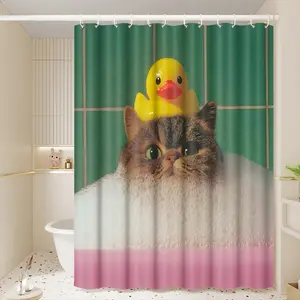 1pc Cute Cat Bubble Bath with Rubber Duck Printed Shower Curtains with Plastic Hooks Shower Curtain for Bathtub Bathroom, Suitable for Home and Hotel Machine Washable Bathroom Decor as Best Christmas Gifts for Friends
